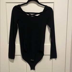 Black Long Sleeve Bodysuit with Crisscross Detail